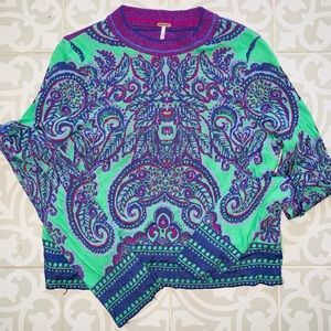 Free People New Age Cropped Crew Neck Long Sleeve Sweater Purple Green Size-L